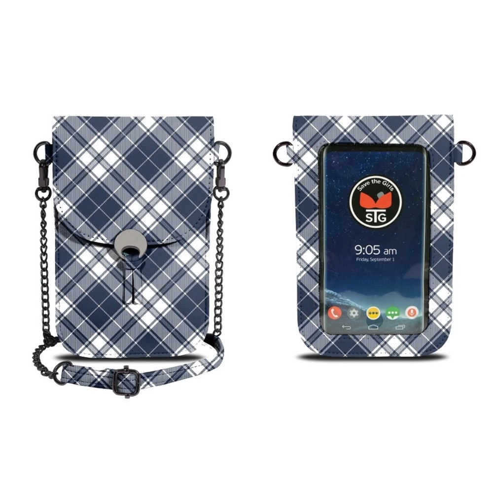 Save The Girls touch screen Crossbody Purse in NAVY PLAID